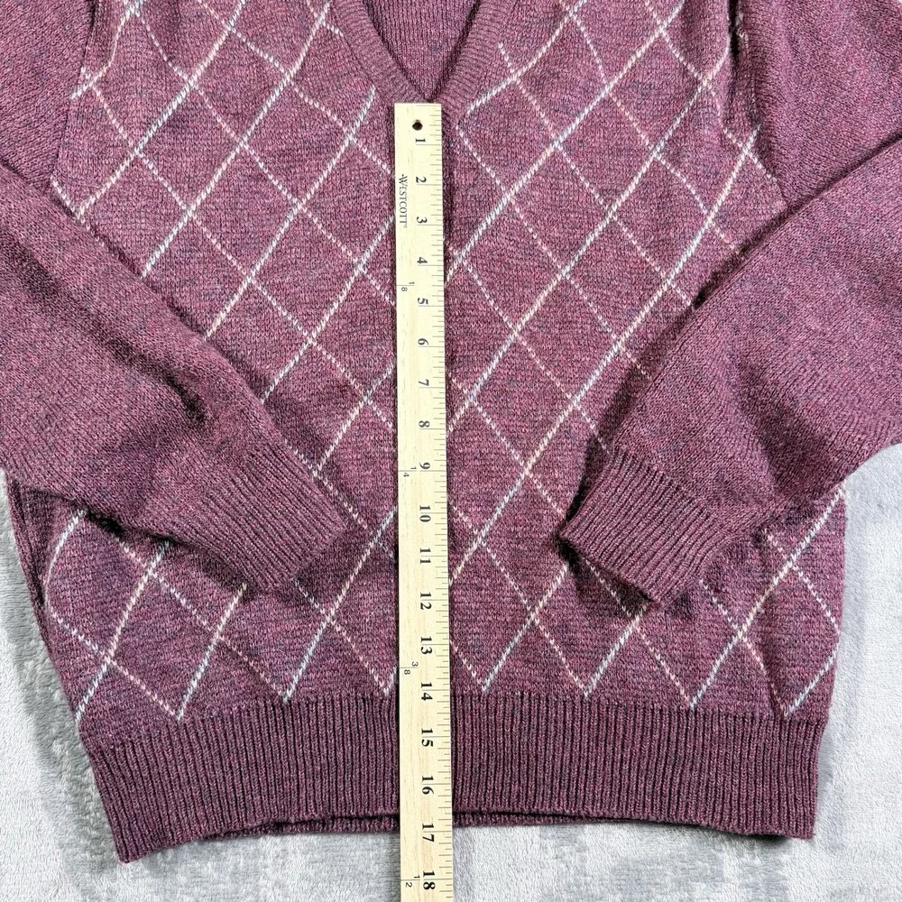 Vintage Pinnacle Mens M Argyle V Neck Sweater Purple Knit Grandpa Core USA Made
